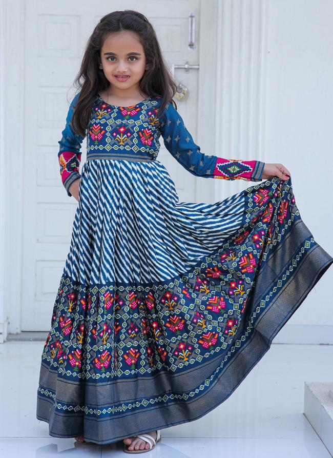 Blue Pashmina Silk Party Wear Printed Kids Gown